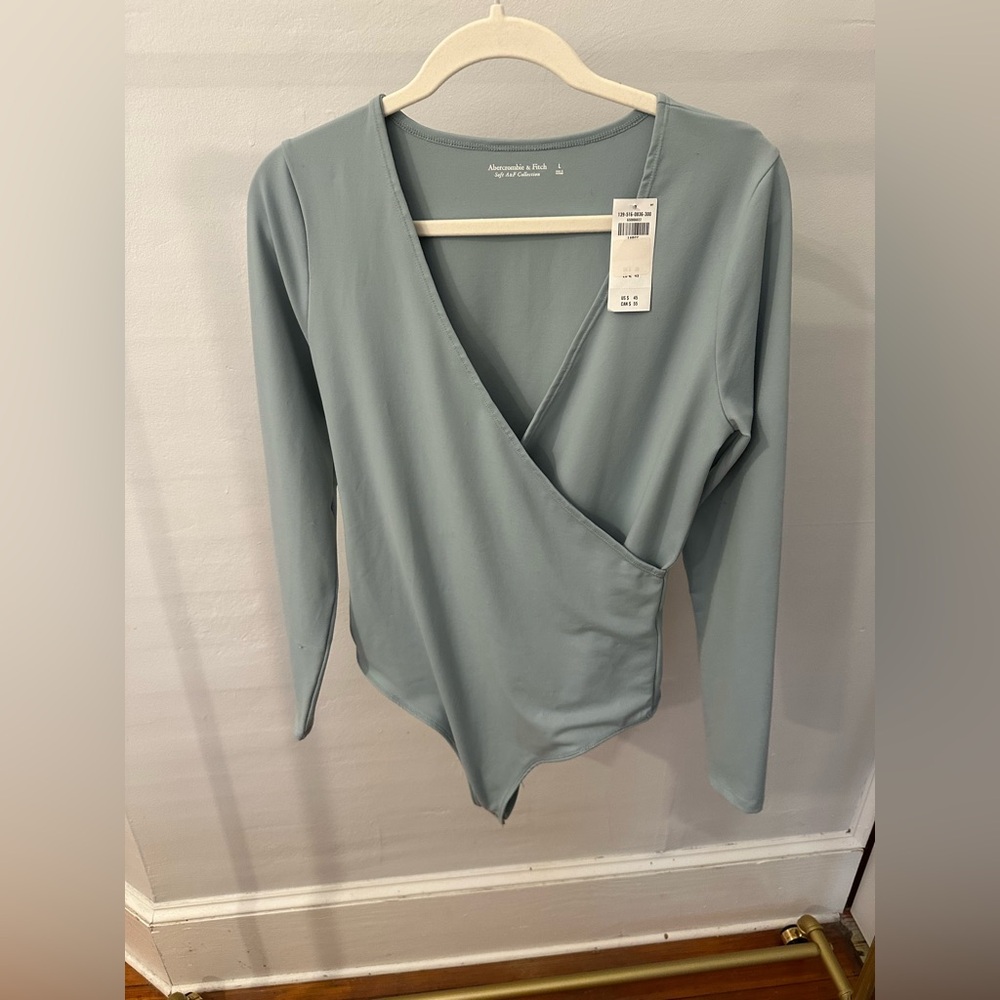 Abercrombie & Fitch (L) Dusty Blue - wrap-front long sleeve bodysuit